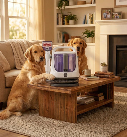 Deux chiens Golden Retriever_a cote de la shampouineuse
